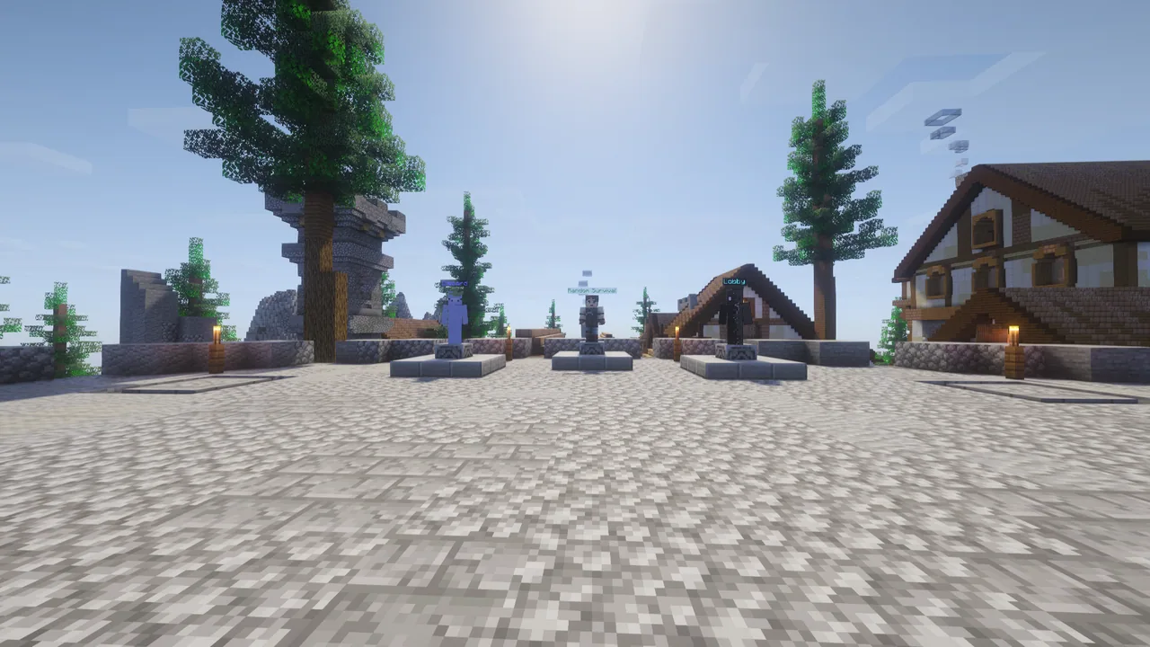 Discord, Random Survival and Lobby NPCs standing on the spawn courtyard pedestals